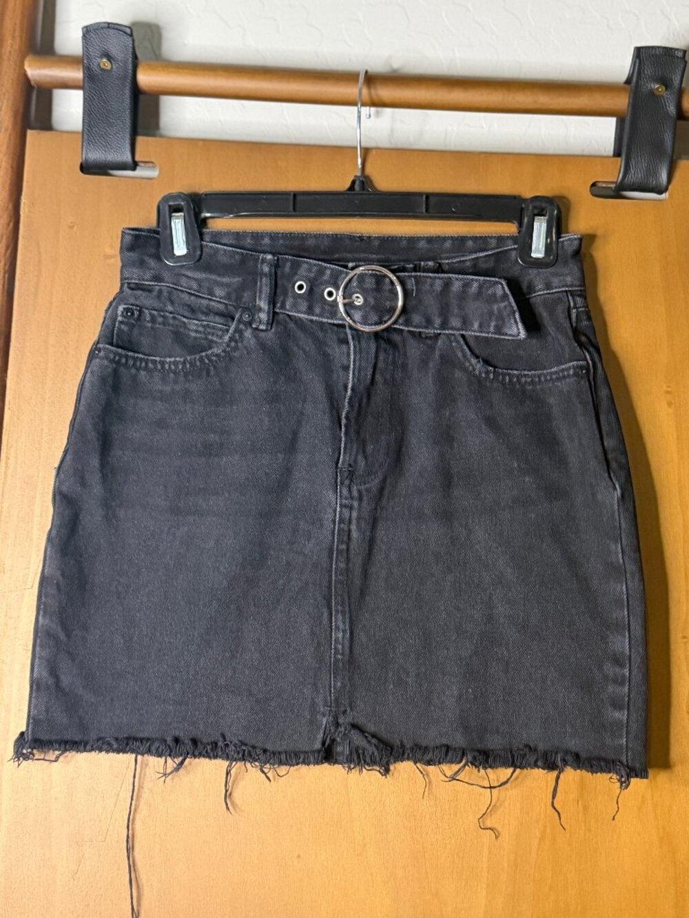 AllSaints Washed Charcoal Belted Raw-Hem Denim Mini Skirt, US 4